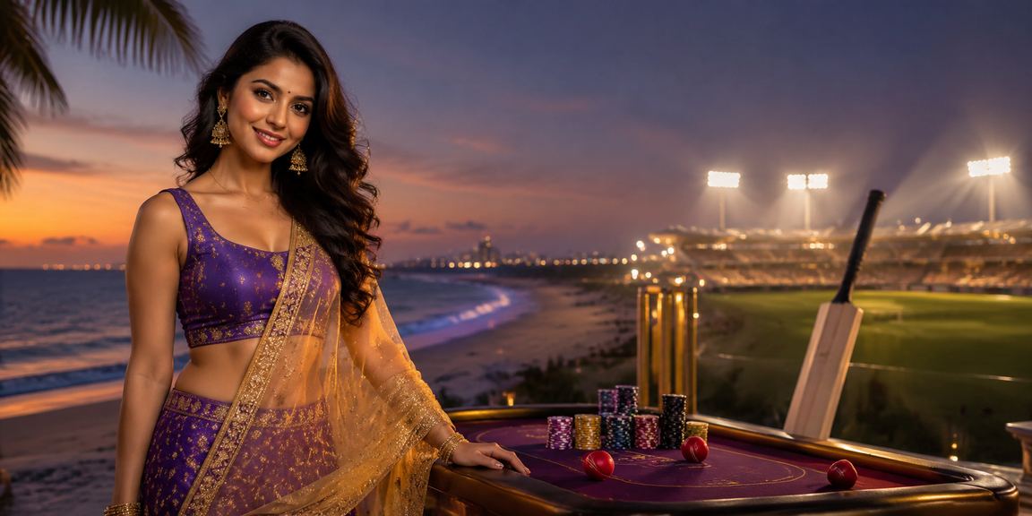 Sunset at Chennai Marina Beach with cricket betting theme